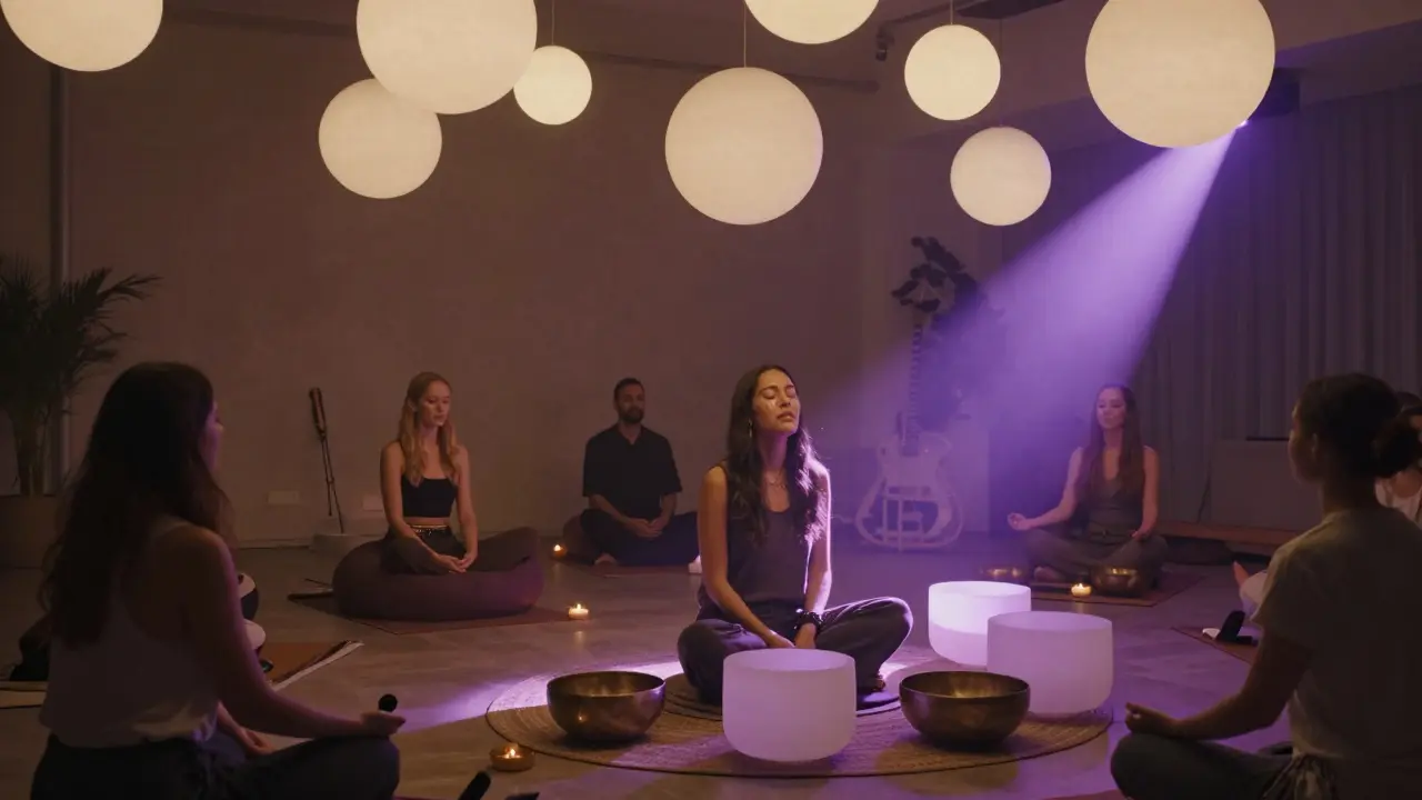 People meditating and swaying under glowing orbs in an ambient sound bath, bathed in soft lavender light.