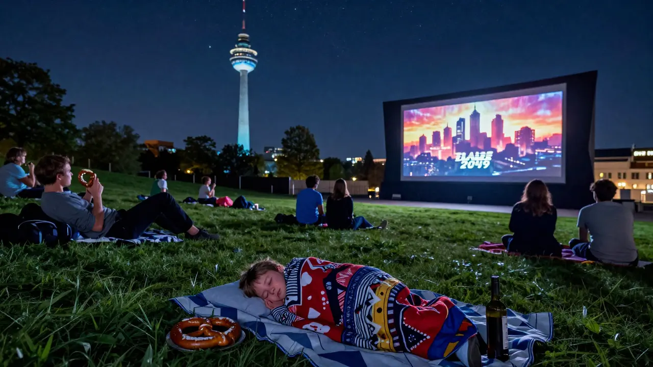 People relaxing on blankets under the stars at an open-air cinema with the Olympic Tower in the background.