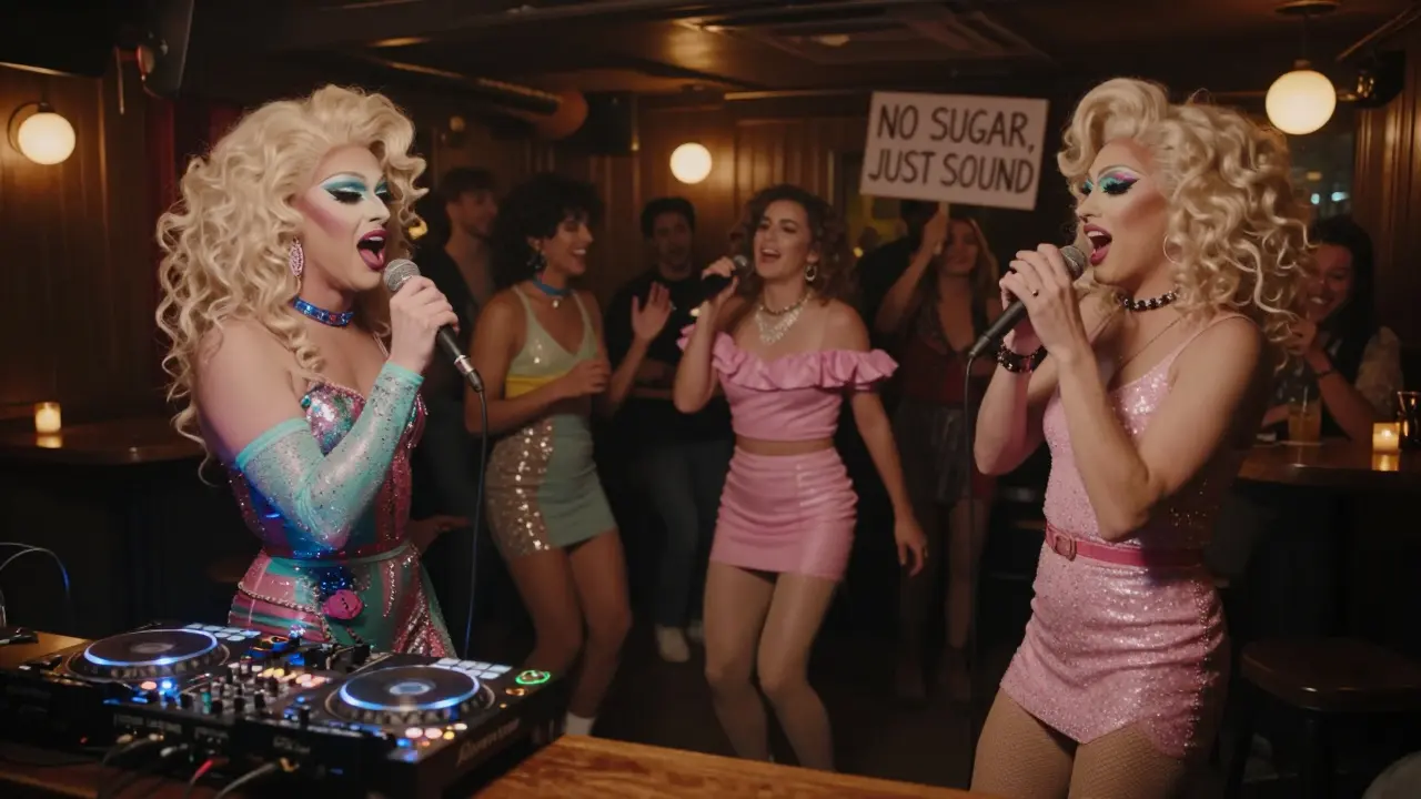 Queer karaoke night at Die Wilde Rose with drag performers and mixed crowd dancing