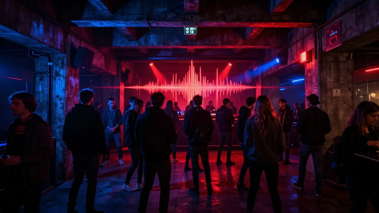 Raw techno club Werk 2 beneath a train bridge, crowd moving to bass-heavy music in dim industrial light.