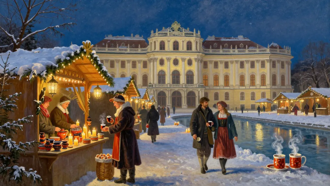 Romantic winter night market at Nymphenburg Palace with lanterns, candlelight, and a couple walking by a canal.