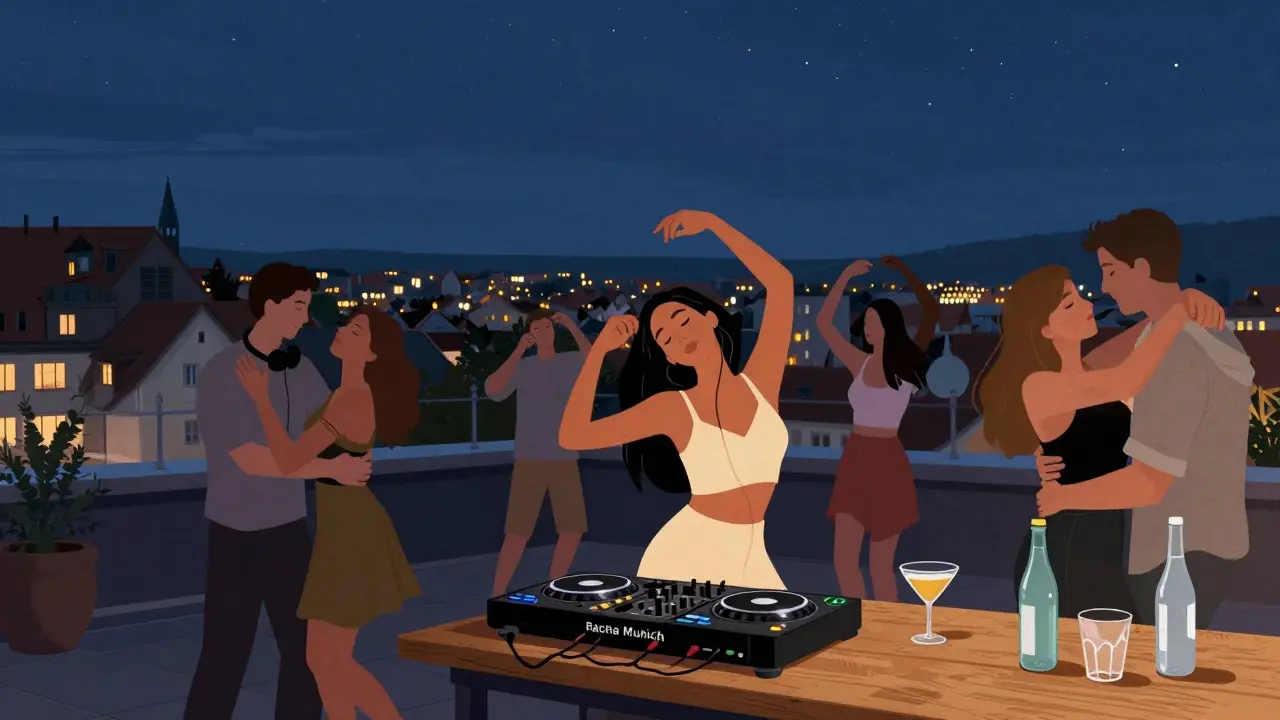 Rooftop afterparty at dawn, small group dancing under stars, quiet and intimate, no lights but the sky.