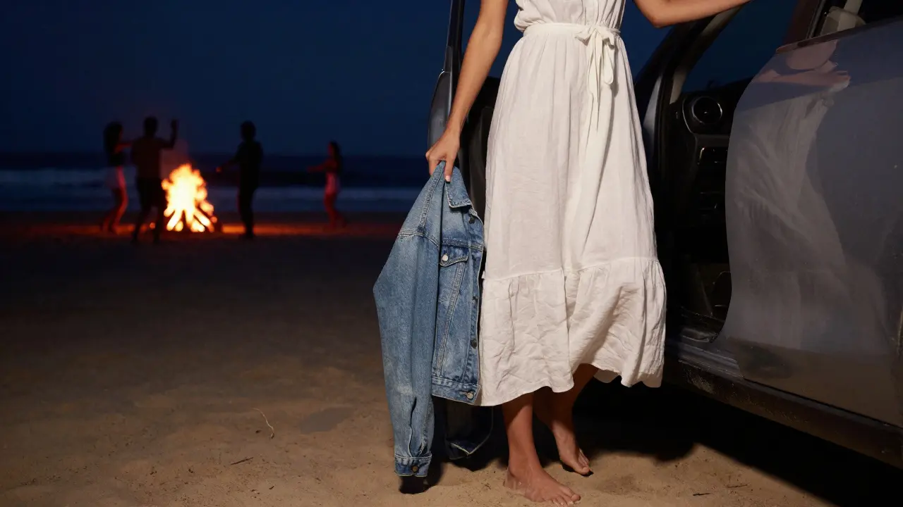 Someone walking barefoot on Bondi Beach at night in a white dress, bonfire glowing in the distance.