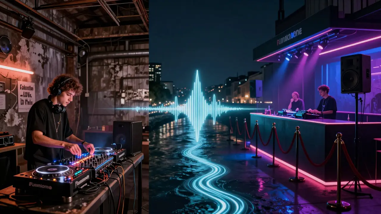 Split image showing Munich's underground rave past and modern club scene connected by sound waves.