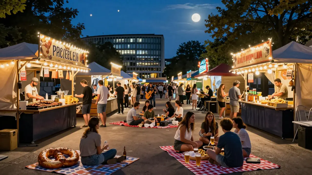 Summer street food market at Gasteig with diverse vendors, picnic blankets, and live jazz under fairy lights.
