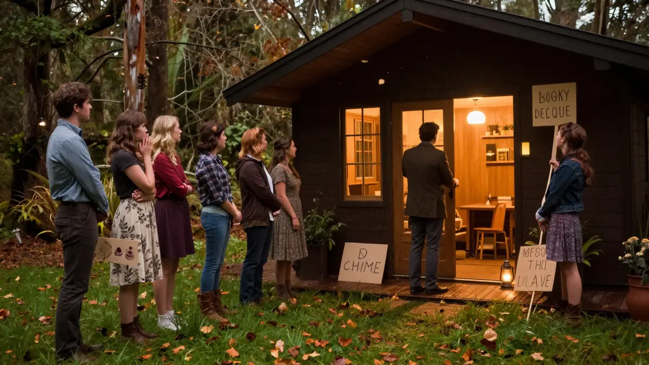 Surprise cabin reveal with friends holding lanterns, autumn leaves falling, warm light glowing.
