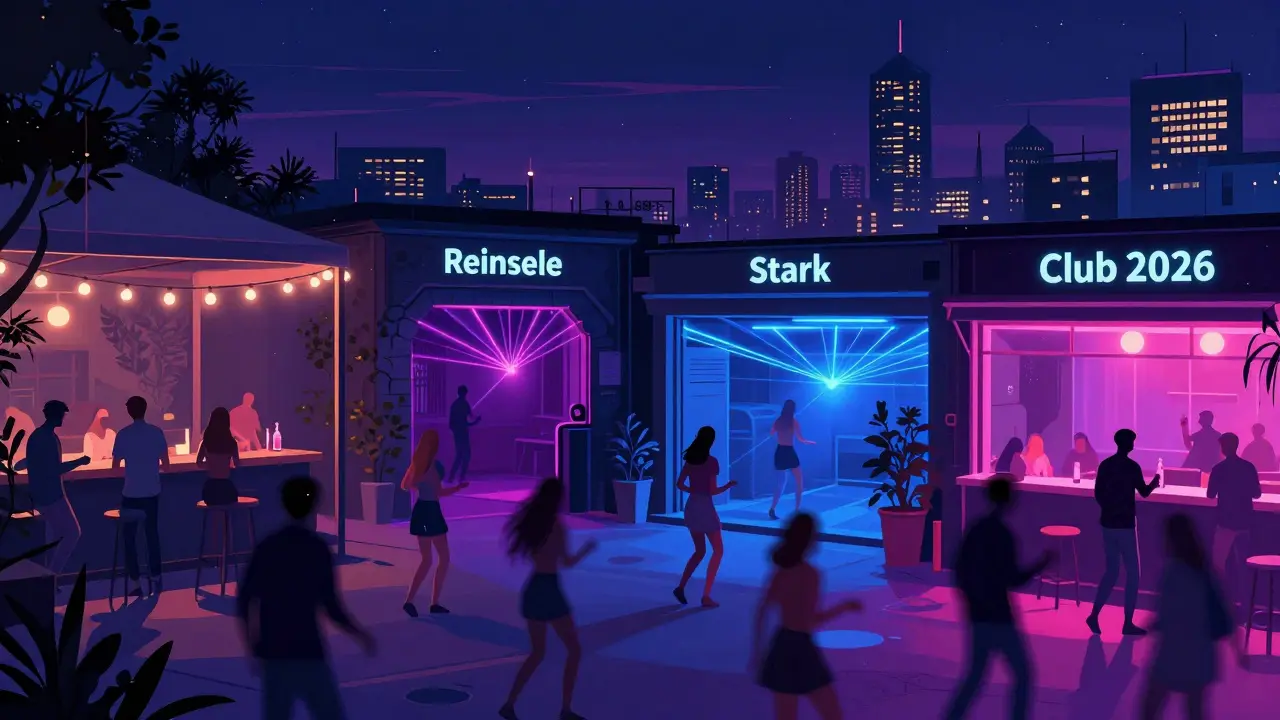 Surreal collage of Munich's top five clubs glowing with neon lights, dancers in motion, city skyline in background.