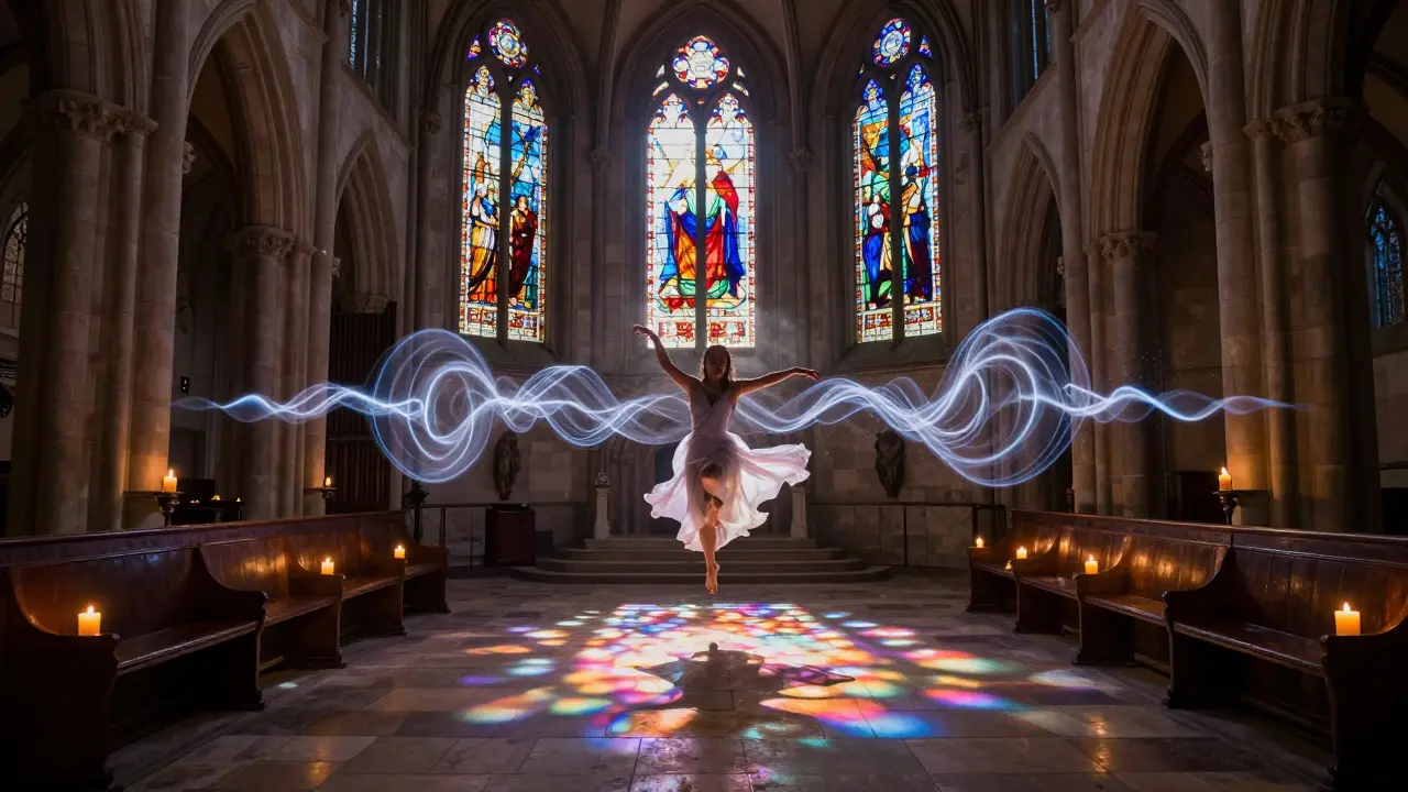 Surreal view of Muffathalle church transformed into a glowing dance space with light projections.