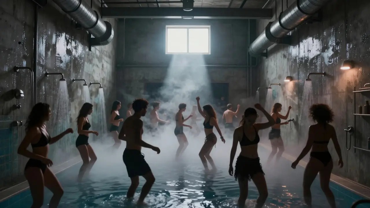 Techno club in a converted swimming pool with concrete walls and dancers under industrial lights.