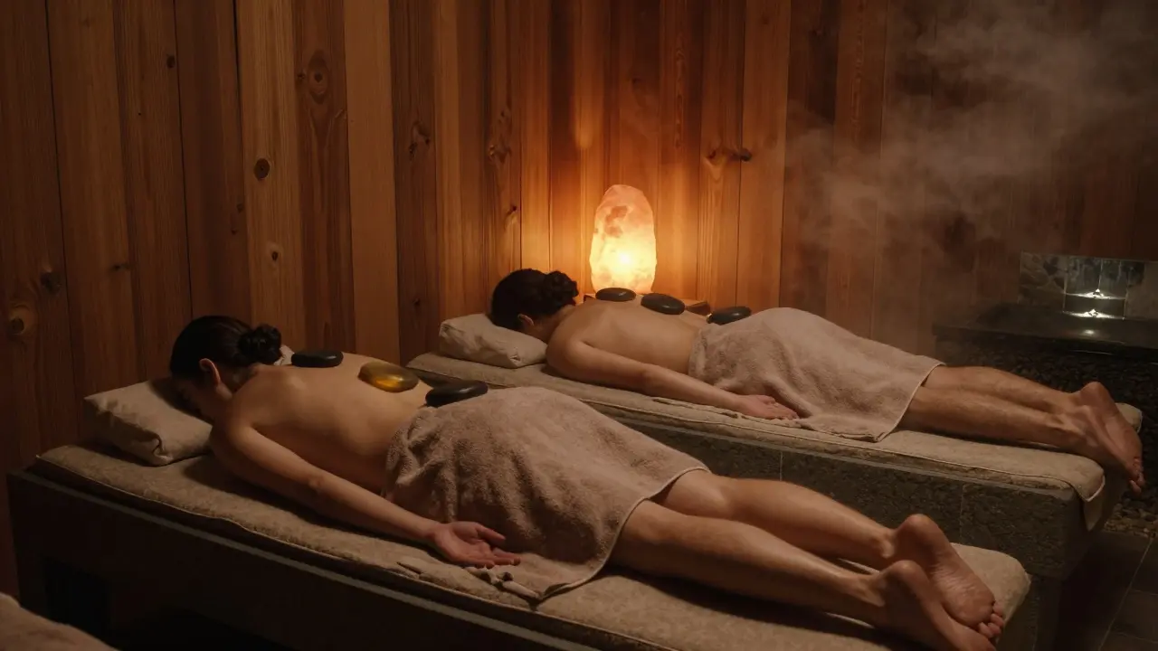Two people relaxing in a private spa suite with warm stones, salt lamp glow, and mist from a hidden fountain.