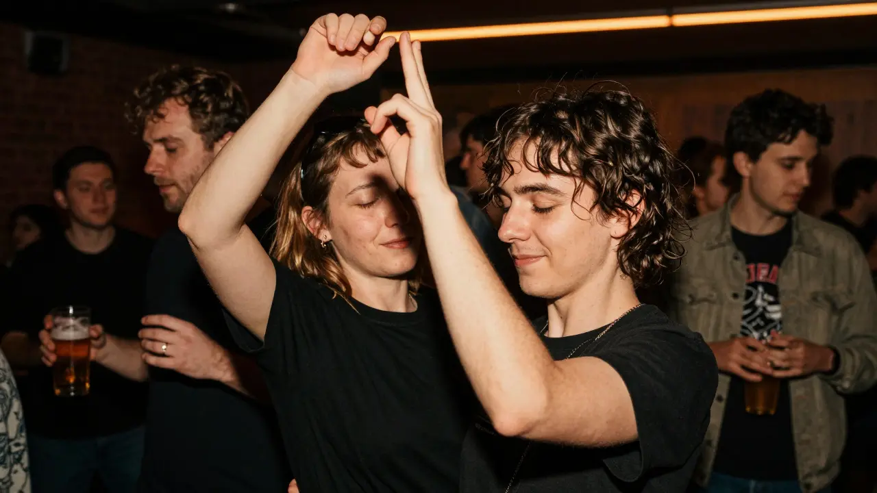 Two strangers dancing joyfully together in a bustling Munich club, surrounded by blurred motion.