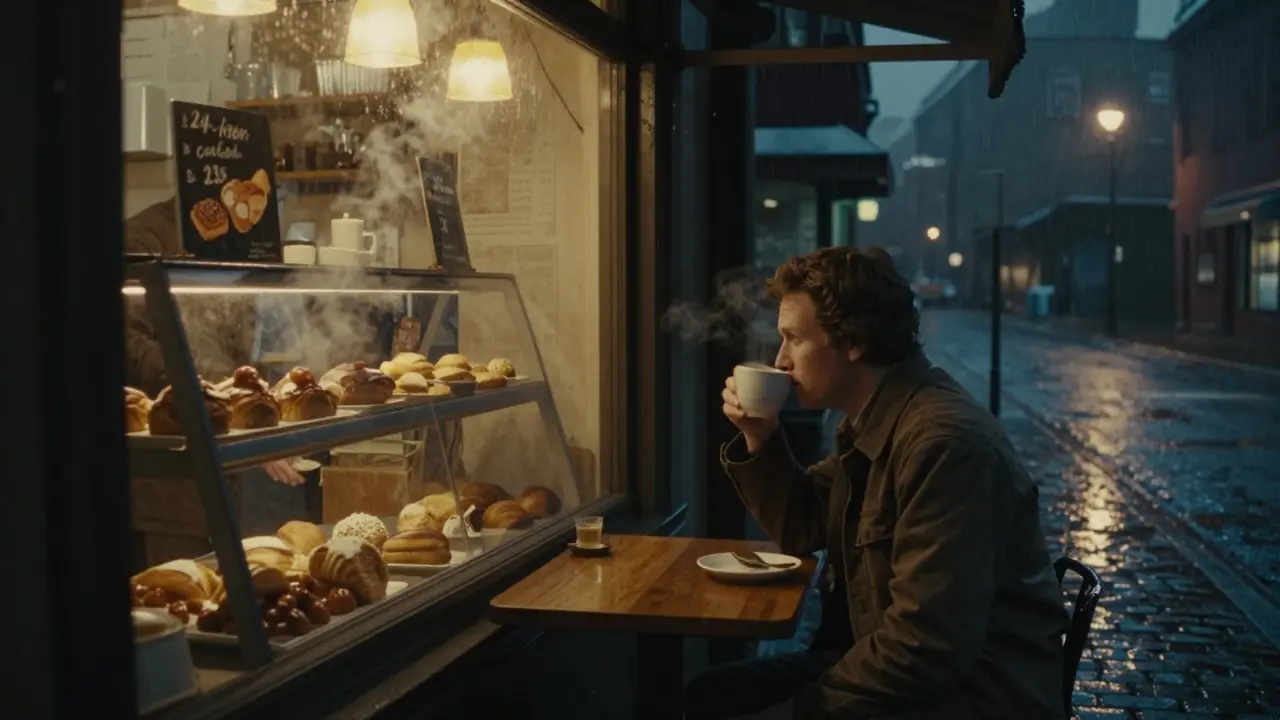 Two strangers sharing coffee at a 24-hour bakery at dawn, steam rising from mugs in soft light.
