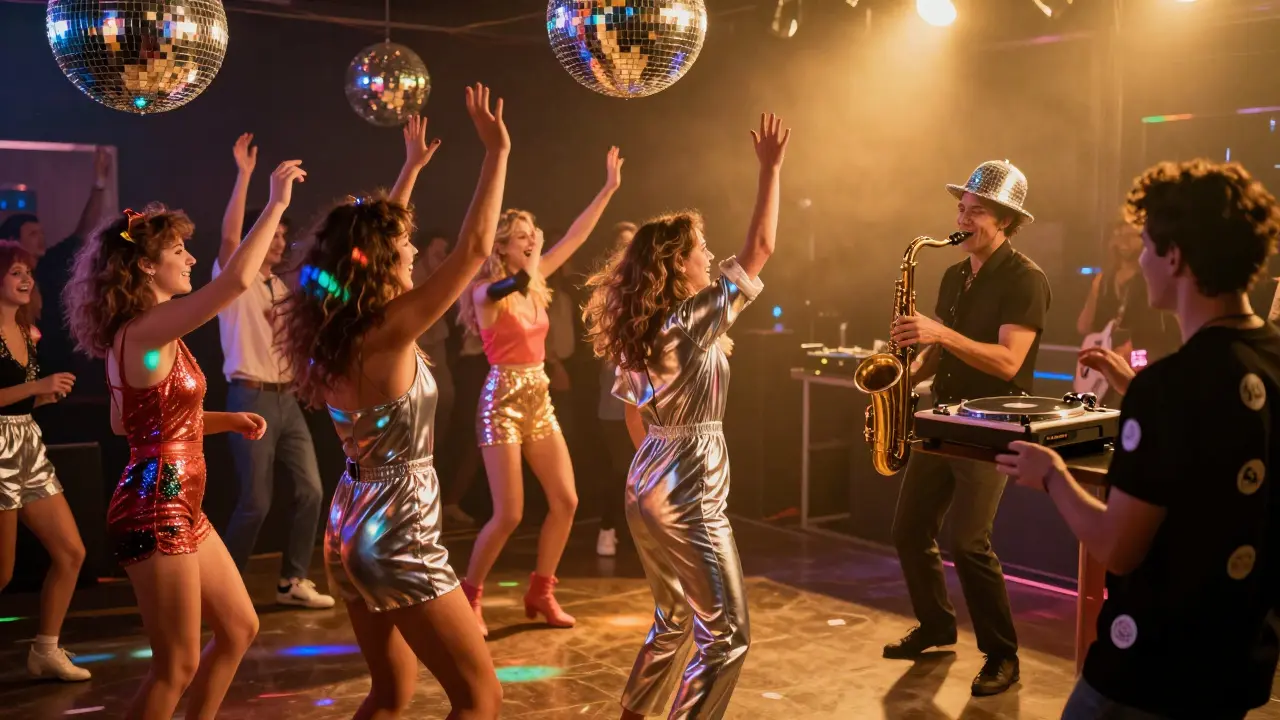 Vibrant disco night with glitter, people in metallic outfits, and a saxophonist playing beside a DJ turntable.