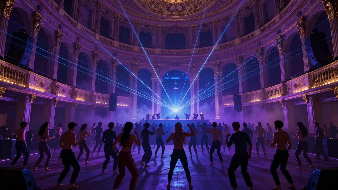 A crowd dancing under a grand dome in a converted theater, surrounded by pulsing lights and music.