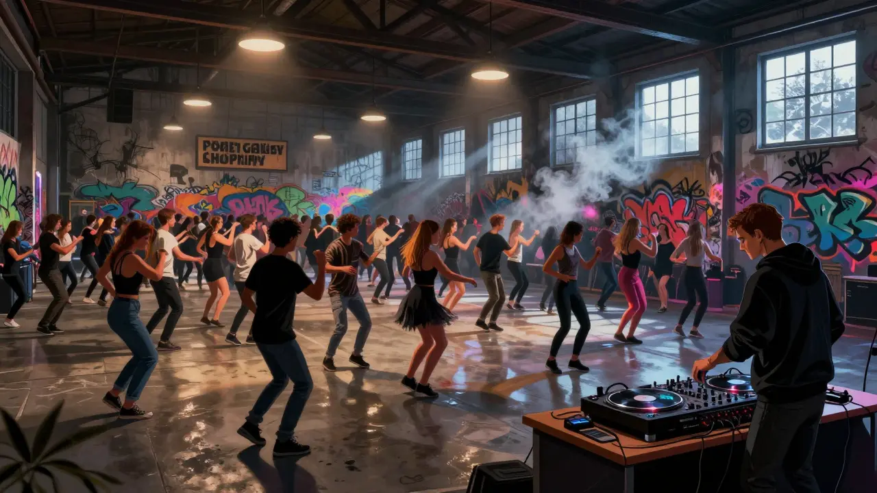 A crowded warehouse party in Munich with dancers moving freely under industrial lighting and graffiti walls.