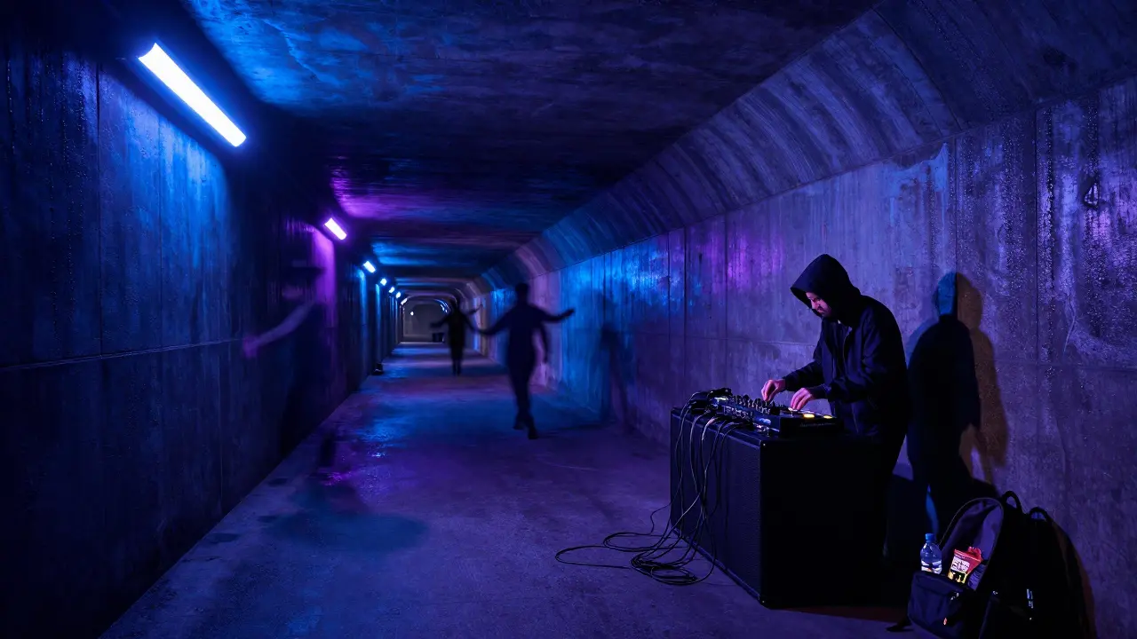 A DJ operating a makeshift sound system in a damp tunnel under a train line, surrounded by shadowy dancers.