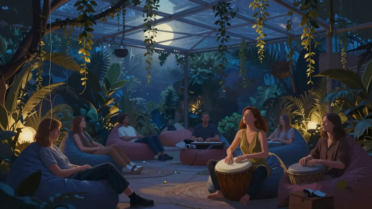 A hidden garden room with hanging vines and people meditating to ambient music.