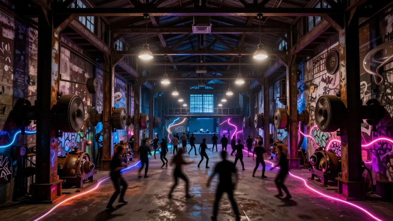 A massive former industrial space turned into a techno temple with pulsing lights and dancers.