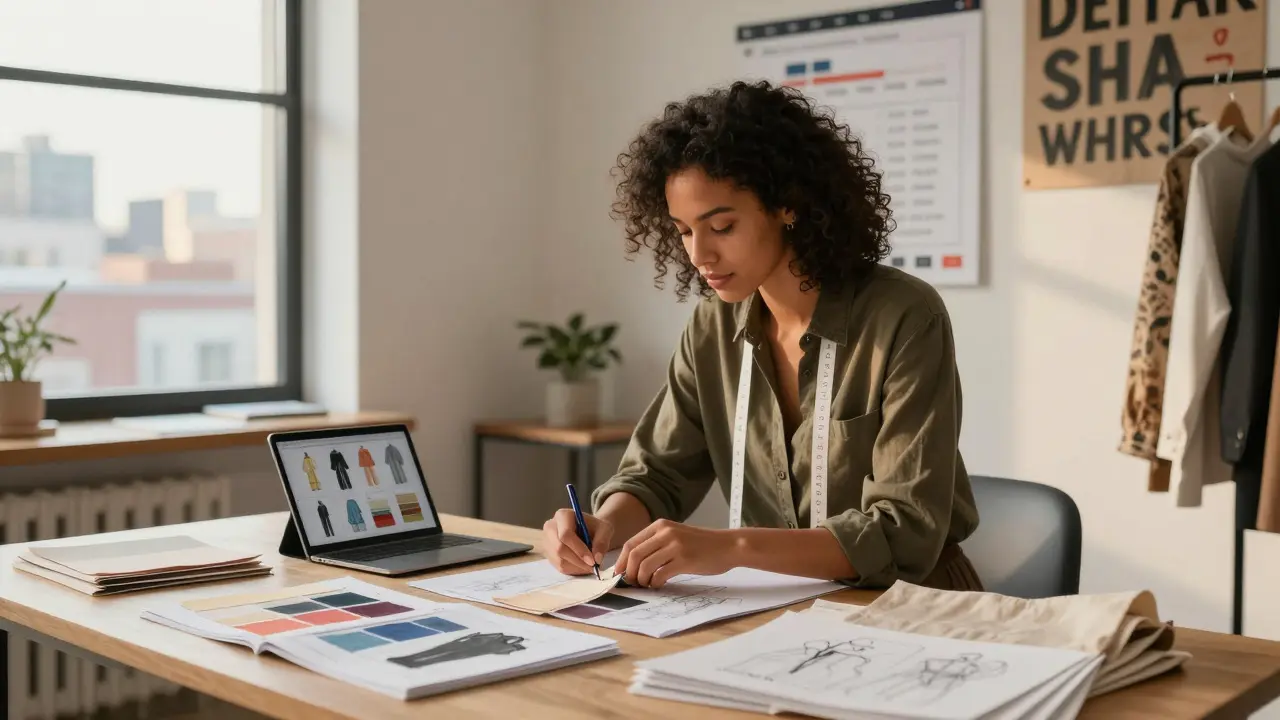 A model co-designing clothing with an artisan in a sunlit studio filled with fabric and sketches.