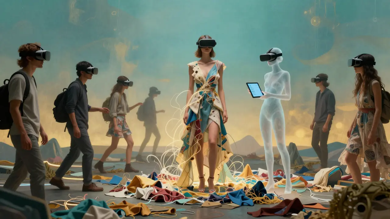 A model in a virtual reality fashion space surrounded by interactive audience members and her digital twin.
