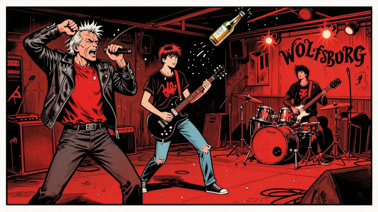 A punk rock dive bar with a diverse crowd headbanging to a live band, walls painted black.