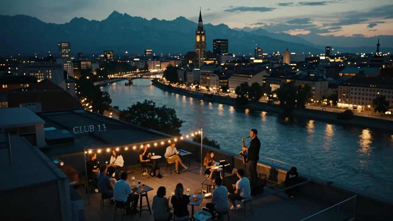 A rooftop club overlooking Munich’s skyline at night, with guests and a saxophonist under string lights.