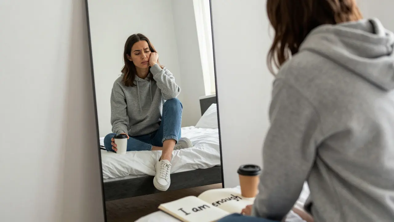 A supermodel looks into a mirror at dawn, journal open, showing quiet strength before the day begins.