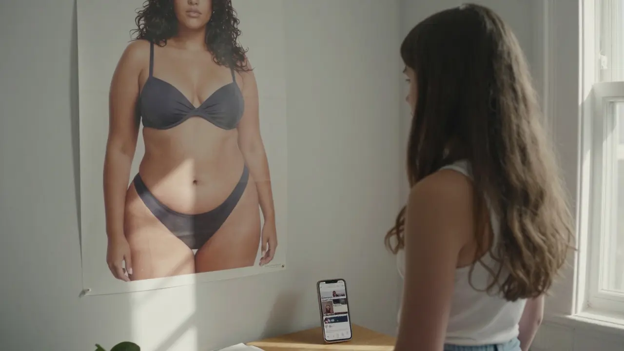 A teenage girl gazing at a poster of a real-body curvy model in natural sunlight.