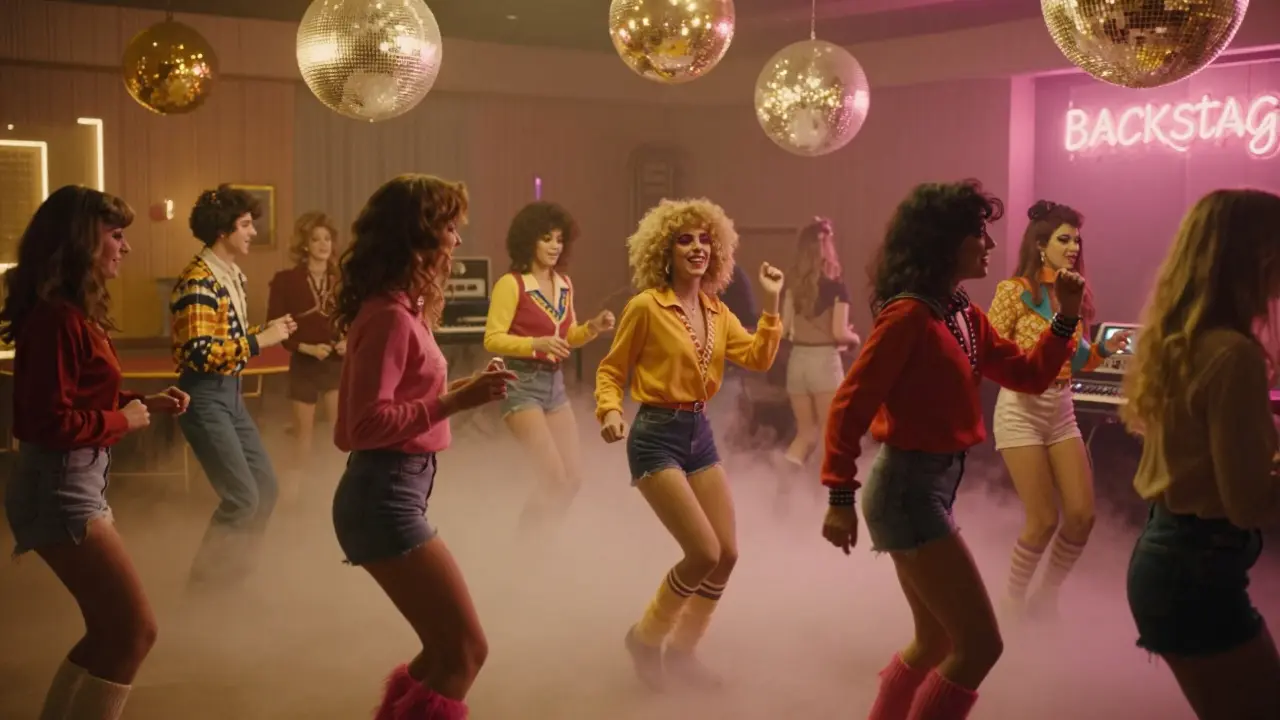 A vibrant 1980s-style dance floor with neon lights, glitter balls, and people dancing energetically.