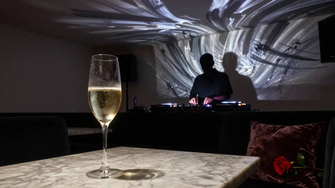 A VIP booth with a chilled bottle of champagne, live projection art on the wall, and a DJ in the background.