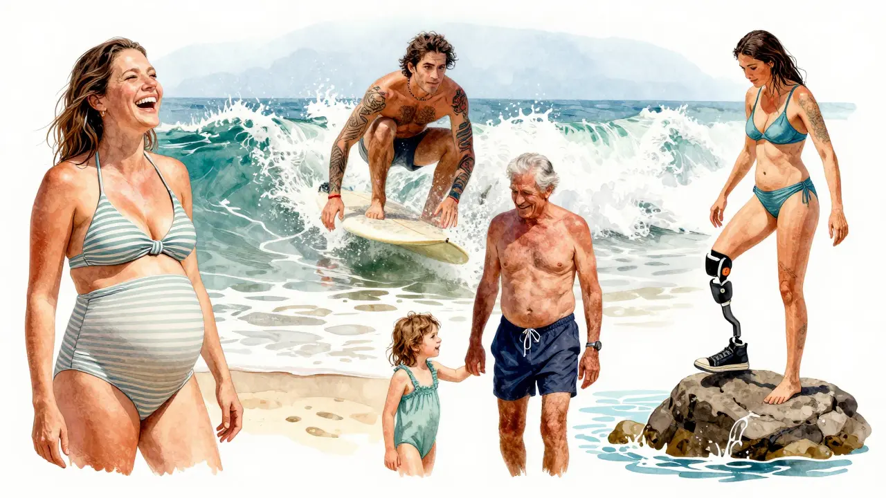 A watercolor mosaic of real people on the beach — pregnant, disabled, non-binary, and senior — each captured in authentic, joyful moments.