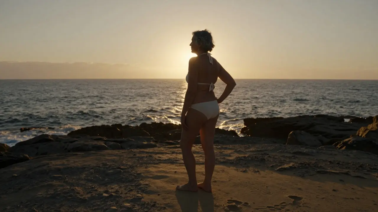An elderly woman standing on a coastal rock at sunset, wearing a bikini, her silhouette glowing against the ocean horizon.
