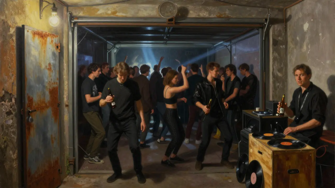 An underground garage club in Munich with a pulsing crowd and strobe lights illuminating vinyl records on a crate.