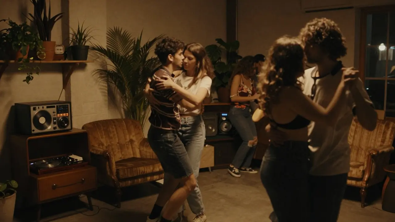 Cozy nighttime scene at The Grounds of the City with soft lighting and small group dancing quietly.
