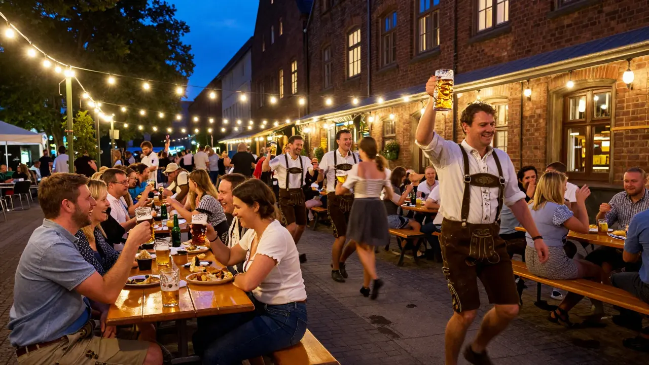 Crowd dancing and singing in a lively Altstadt beer garden under string lights at midnight.