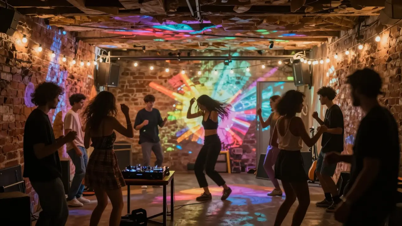 Dachboden basement club, LED projections on brick walls, creative streetwear crowd dancing intimately.
