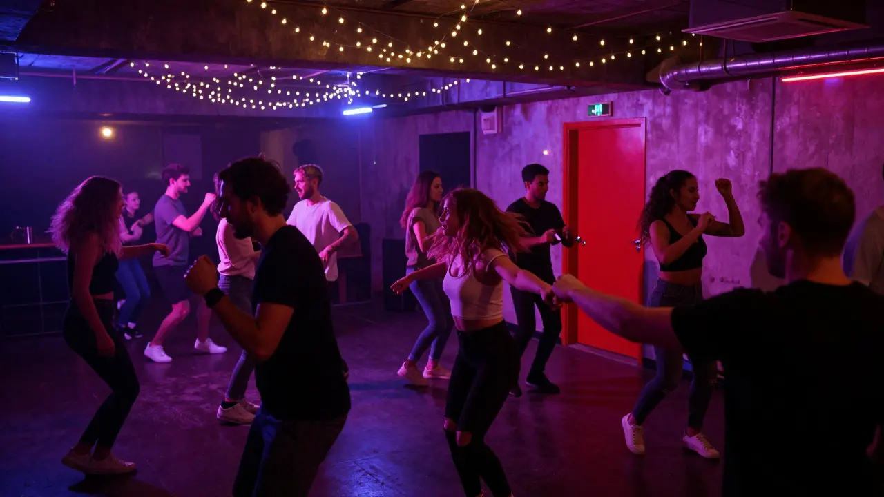 Dancers moving under neon lights in a warehouse club with hanging fairy lights and a red door in the background.