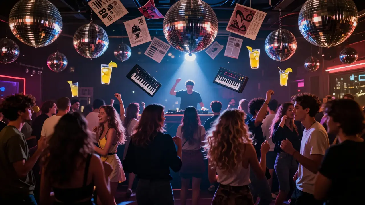 Diverse crowd dancing under floating disco balls and zines at Die Prinzessin club, vibrant and inclusive.