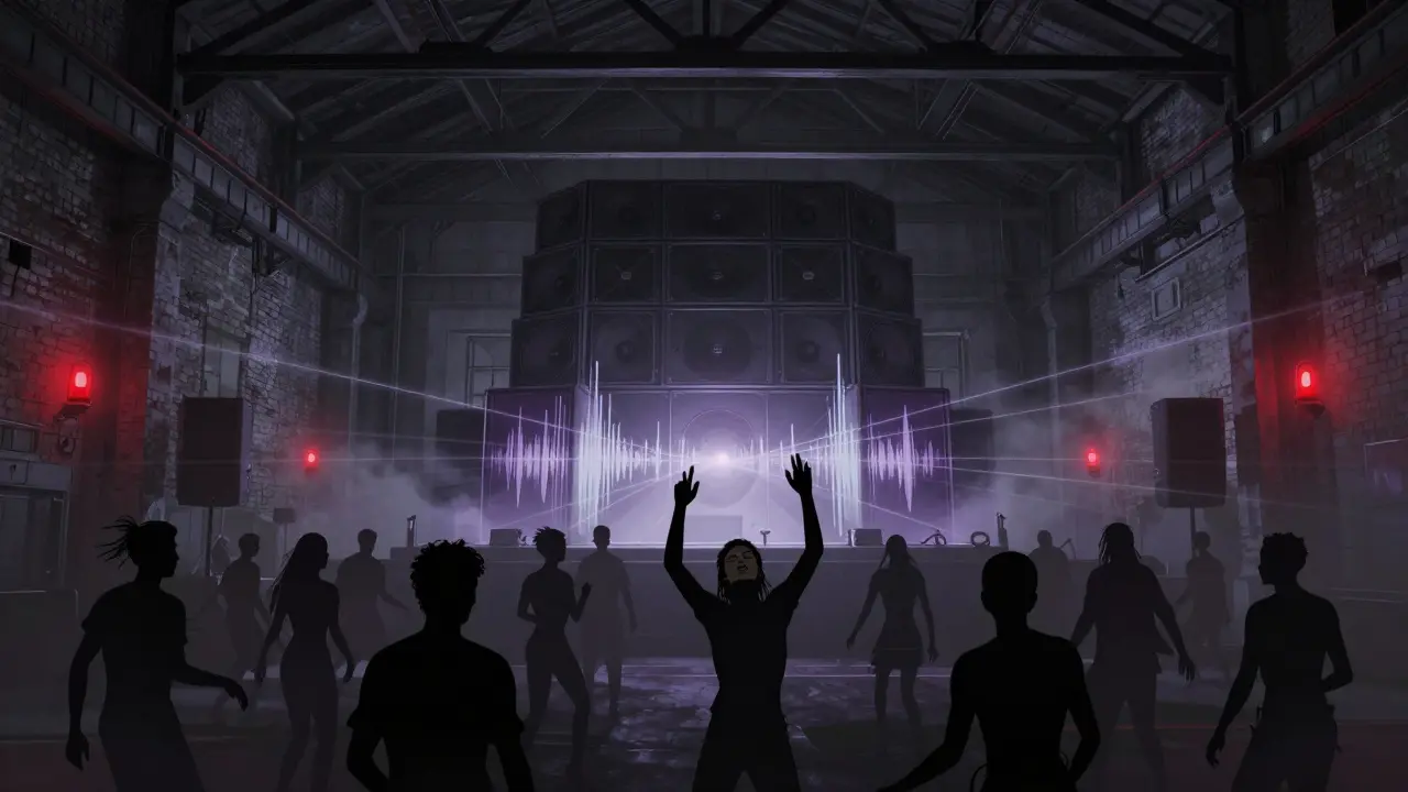 Industrial techno club interior with dancers lost in music under laser beams and fog.