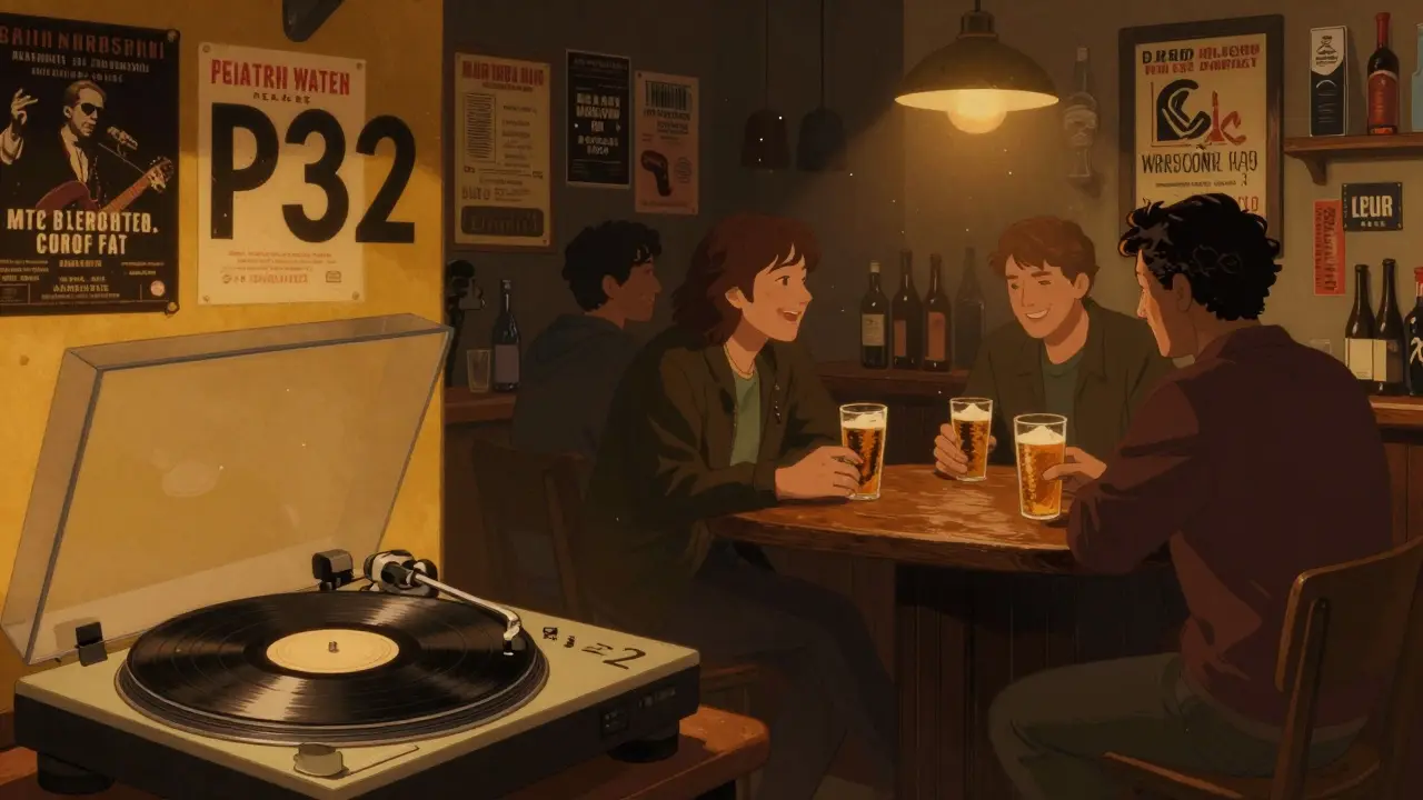 Intimate vinyl night at P32 club with locals gathered around a bar, warm lighting and vintage posters.