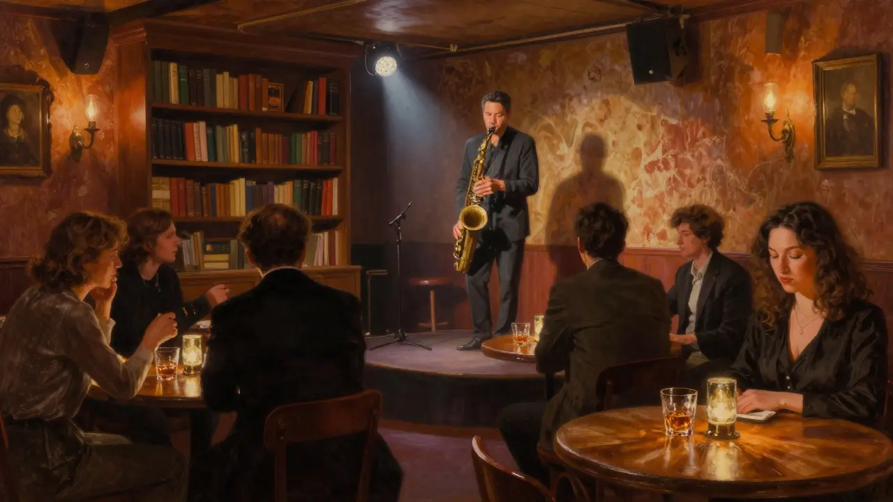 Jazz musician playing sax under spotlight in a cozy, dimly lit club with patrons sipping whiskey.
