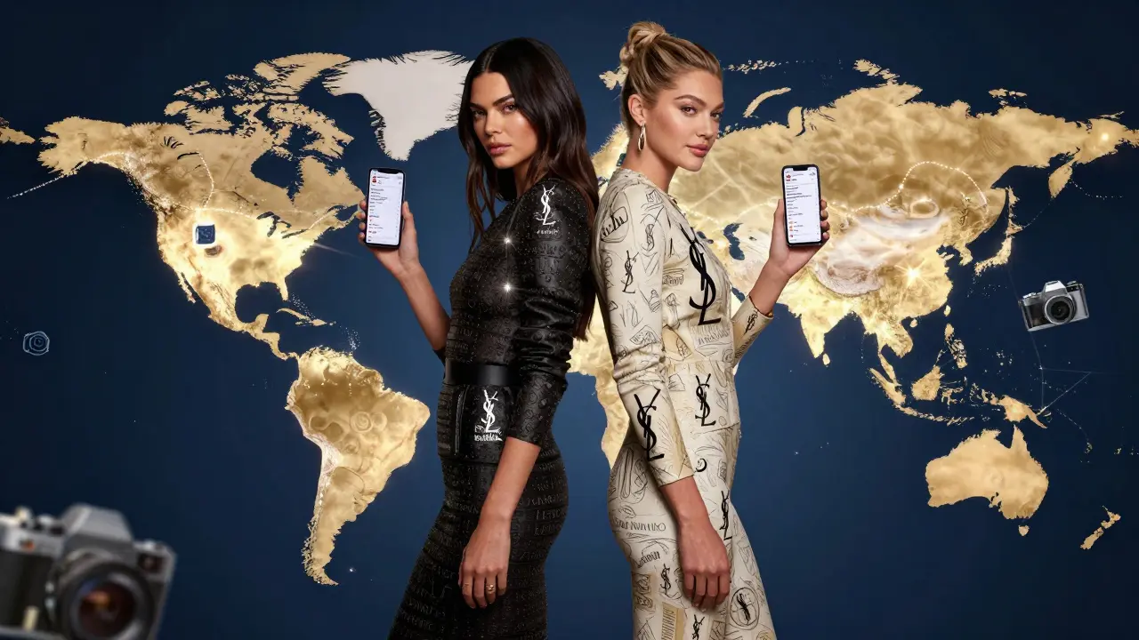 Kendall Jenner and Gigi Hadid on a glowing global map, holding smartphones with social media metrics and brand logos around them.
