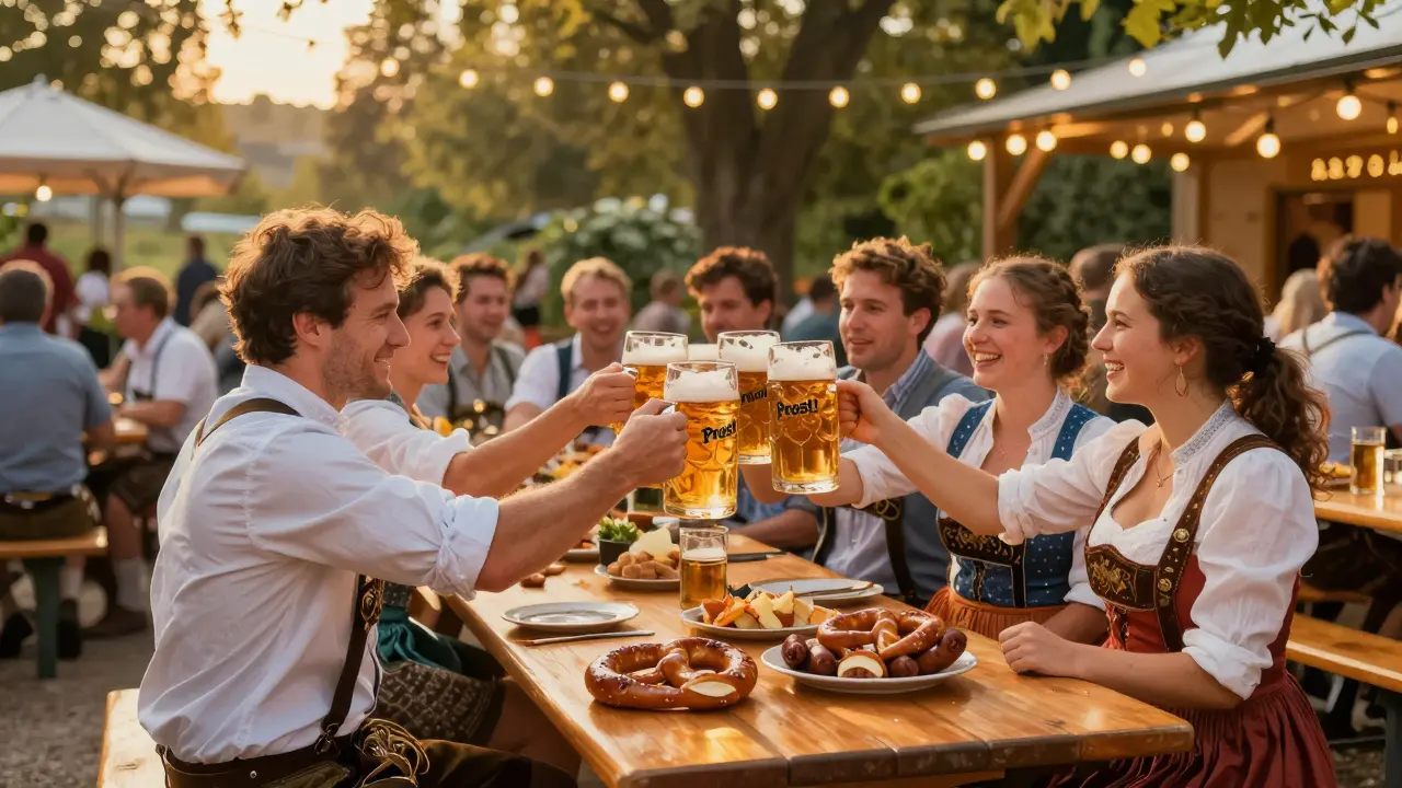Large group clinking beer steins at traditional Bavarian beer garden.