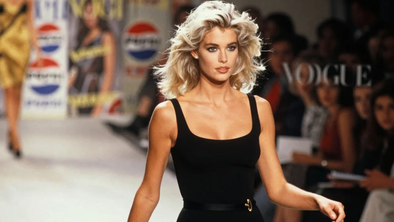 Linda Evangelista striding on a Paris runway in a black Versace dress, with magazine covers fading behind her.