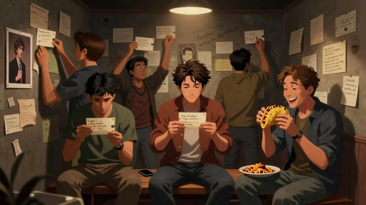 Men solving an escape room filled with personalized clues and jokes, one holding a taco.