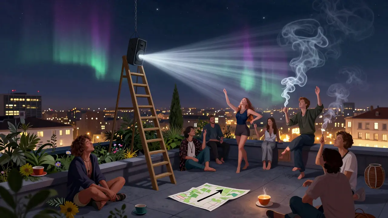 People dancing on a rooftop garden at night, city lights below and stars above, with a single speaker hanging from a chain.