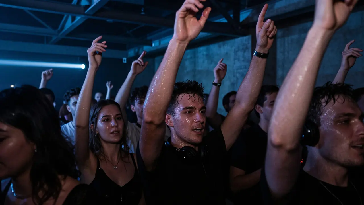 Prinzregent club interior: industrial walls, strobe lights, intense techno crowd dancing.