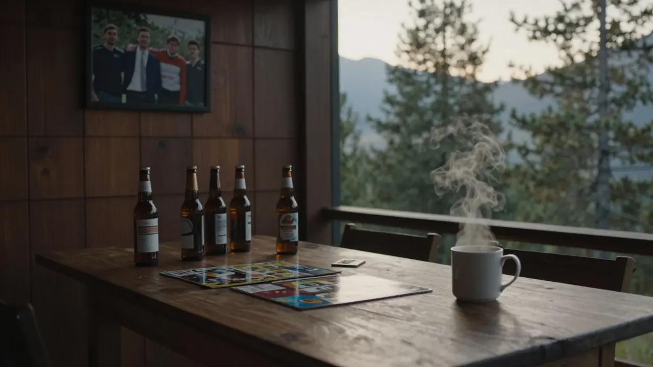 Quiet cabin at dawn with board games and a photo of friends, steam rising from a coffee mug.