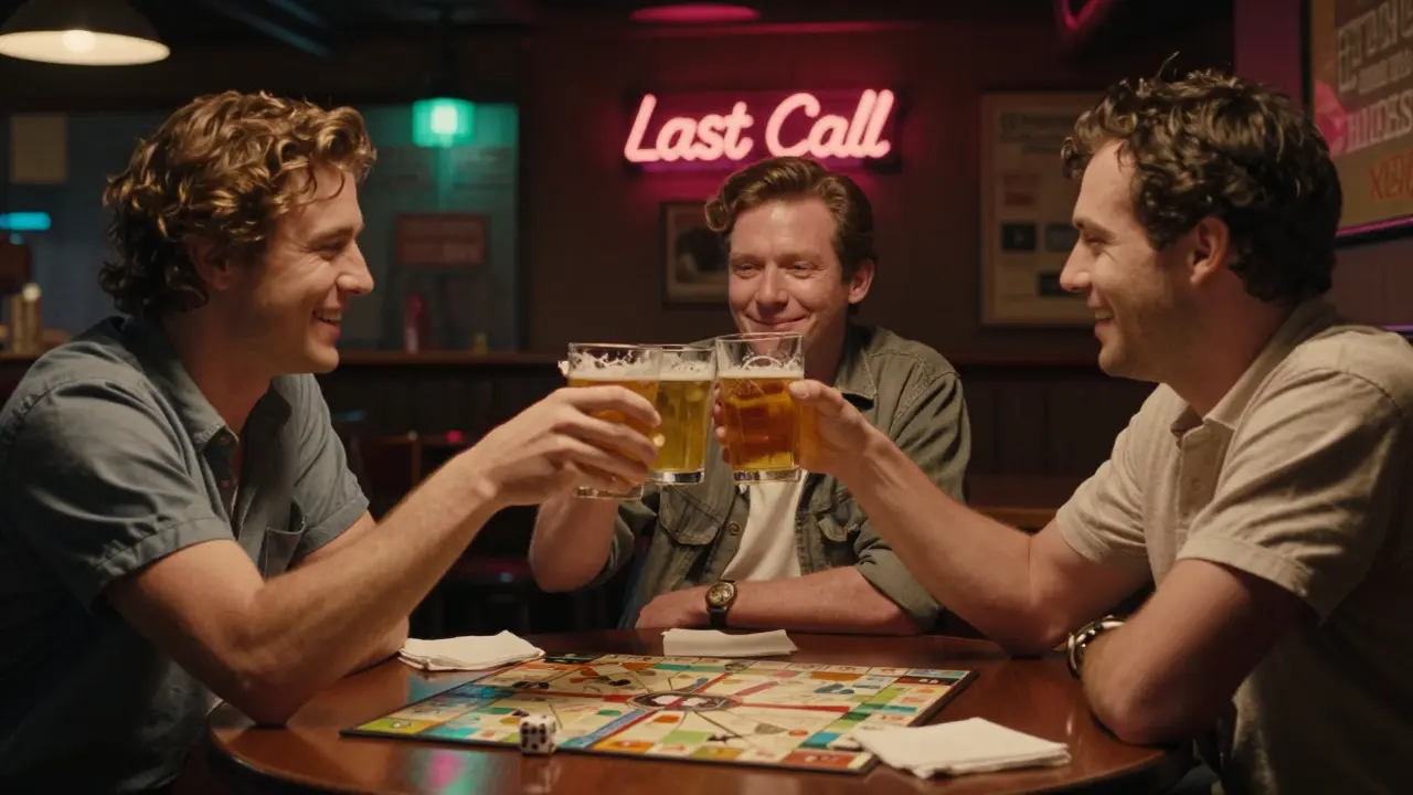 Three friends clinking beers in a cozy dive bar at midnight, board game on table, warm neon glow, groom smiling in the center.