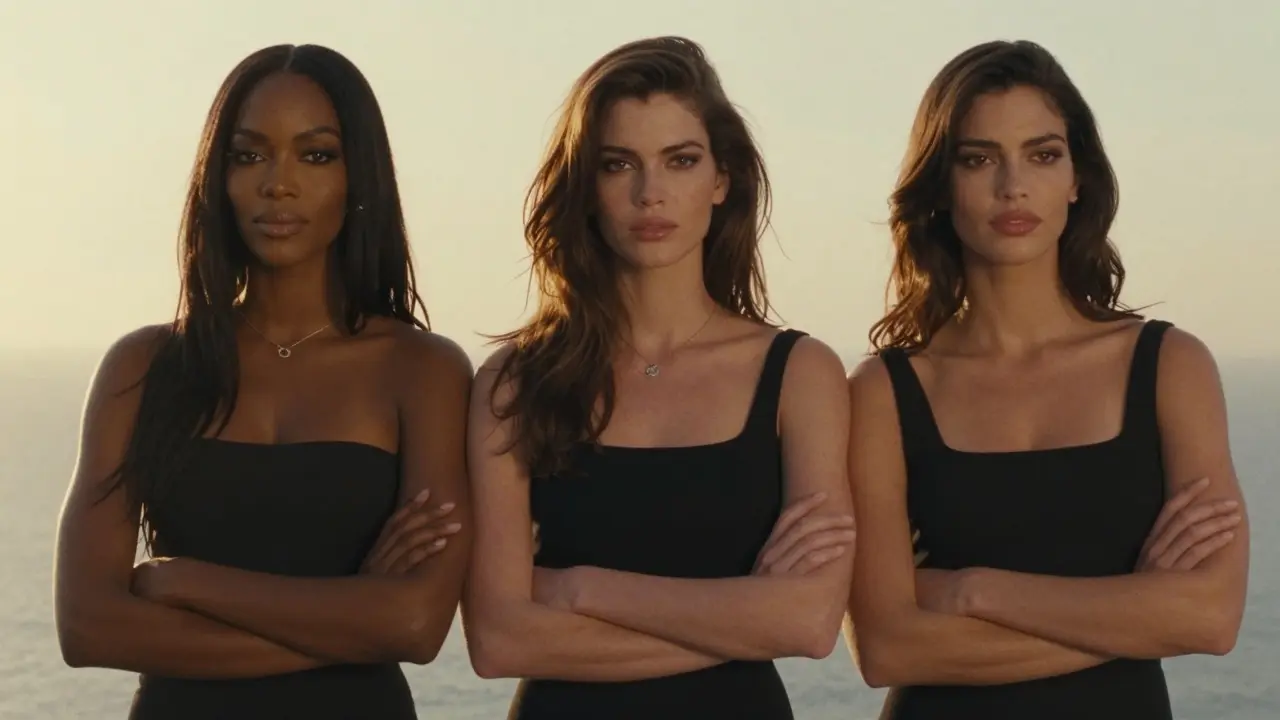 Three legendary 90s supermodels stand together, exuding timeless power and self-assured grace.